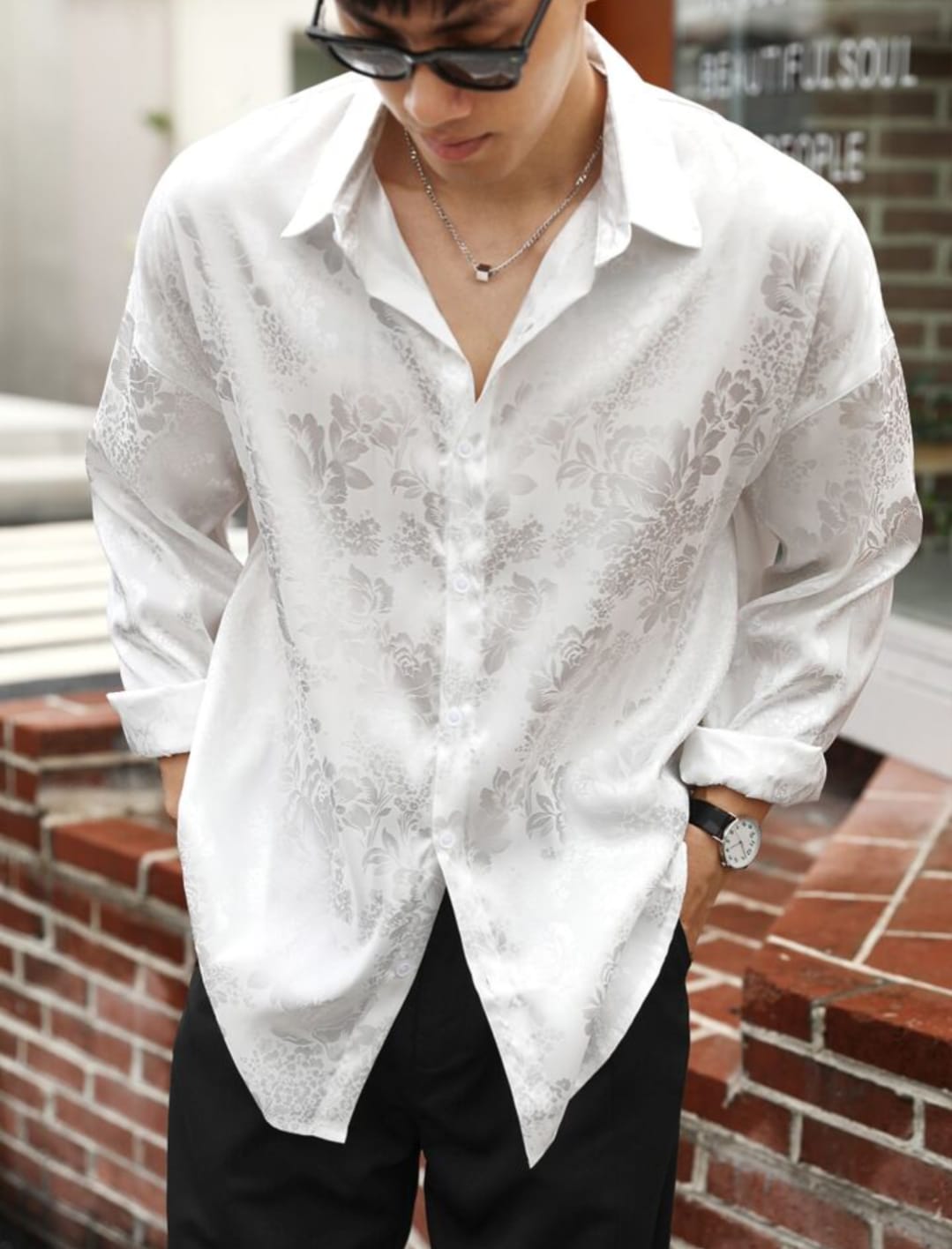 Men's White Floral Jacquard Satin Casual Shirt